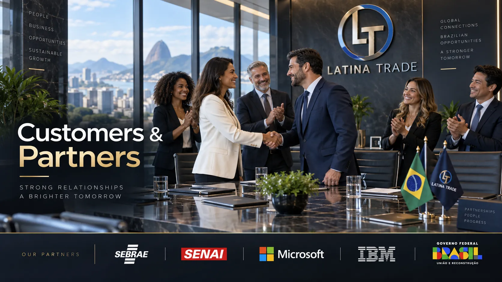Customers & Partners — relações sólidas, um amanhã melhor. Parceiros: Sebrae, Senai, Microsoft, IBM, Governo Federal.