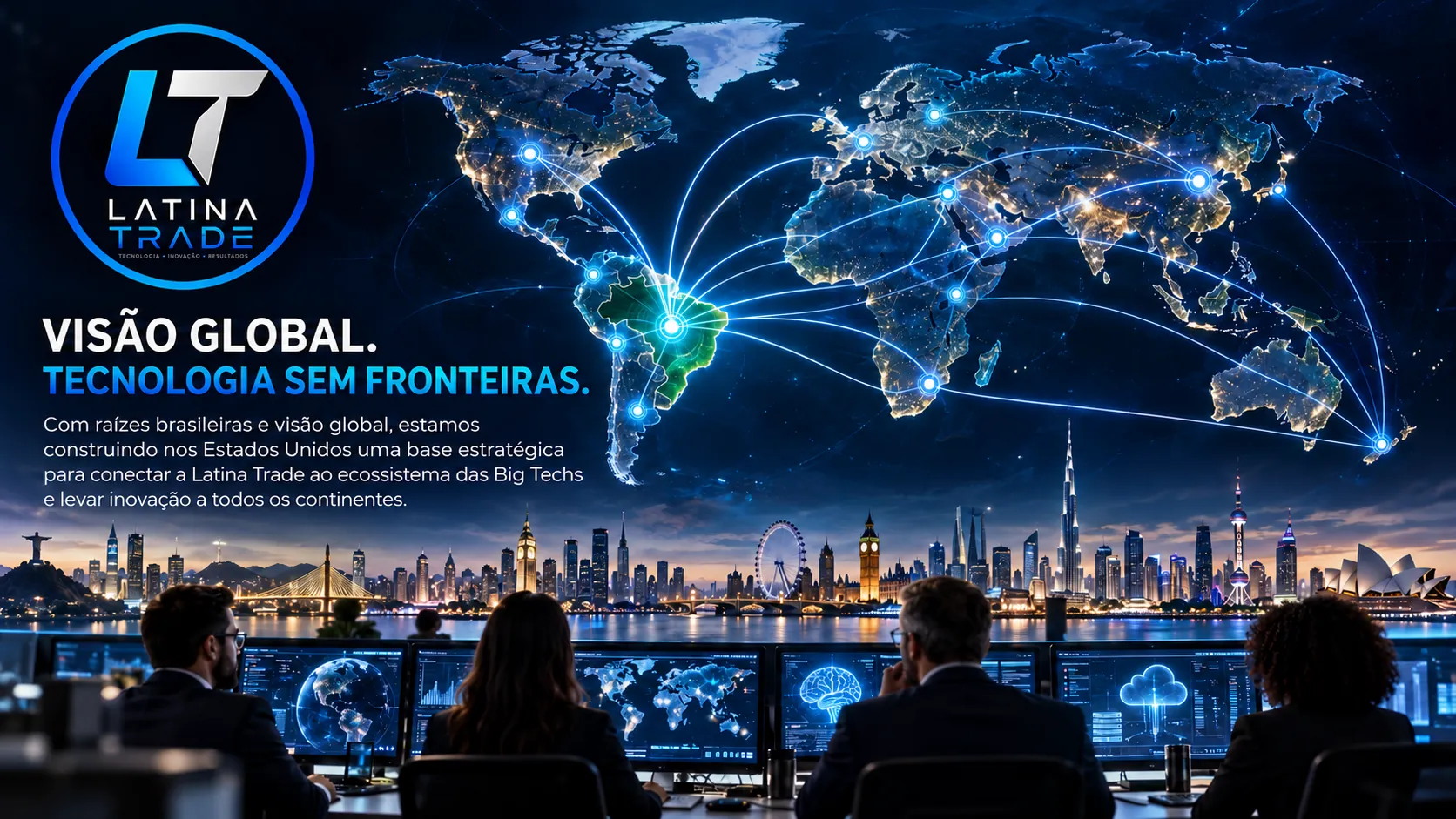 Visão global, tecnologia sem fronteiras: mapa-múndi com conexões a partir do Brasil